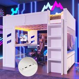 thumbnail of Hochbett 140x200 mit Schreibtisch, LED-Beleuchtung, USB/Typ-C-Anschlüssen, Stauraum, Kiefernholz-MDF, praktisch, modern, weiß