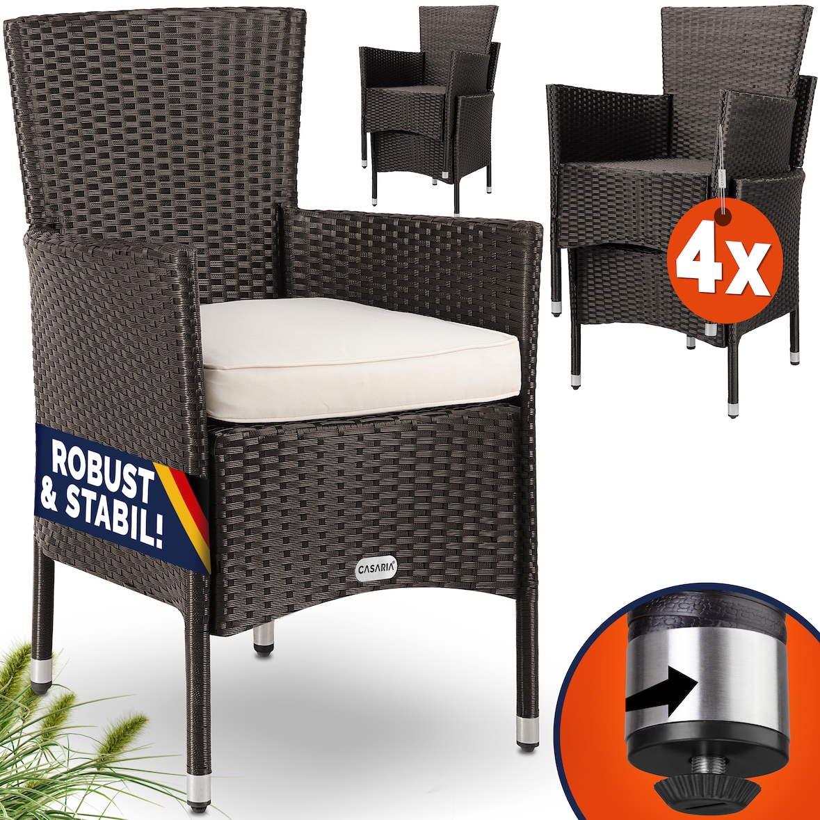 CASARIA® Polyrattan Gartenstühle 4er Set Braun