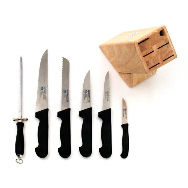 Juego de Cuchillos de Cocina Ultraresistentes con Soporte y Chaira Afilador (7 piezas) Royal, Forjados al Vanadio y Fabricados en Acero Inoxidable