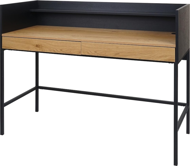 Una scrivania con superficie in legno e gambe nere.
