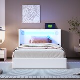 thumbnail of Merax Polsterbett 90x200 Bett mit LED-Lichtleiste, Bluetooth-Player und USB-Aufladung, PU-Leder-Aufbewahrungsbett, Weiß