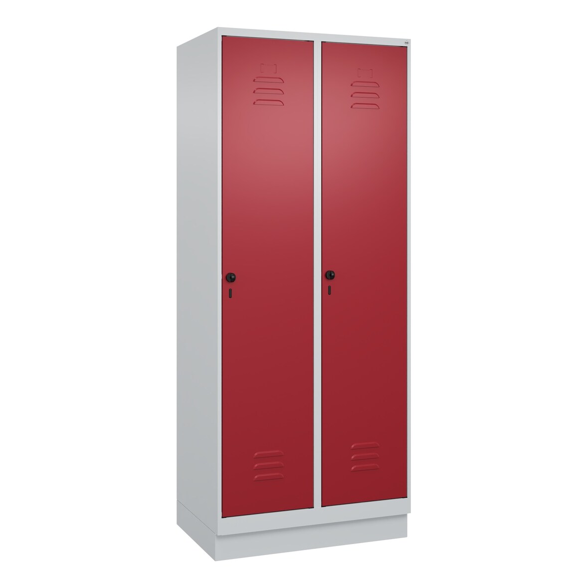 C+P Spind Classic PLUS, Sockel, 2 Abteile, HxBxT 195x80x50cm, Sicherheitsdrehriegel, Hellgrau/Rubinrot von PROREGAL