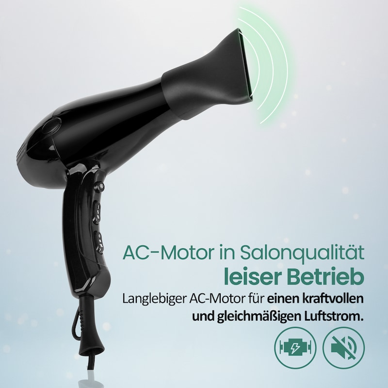 Ein schwarzer Haartrockner mit AC-Motor.