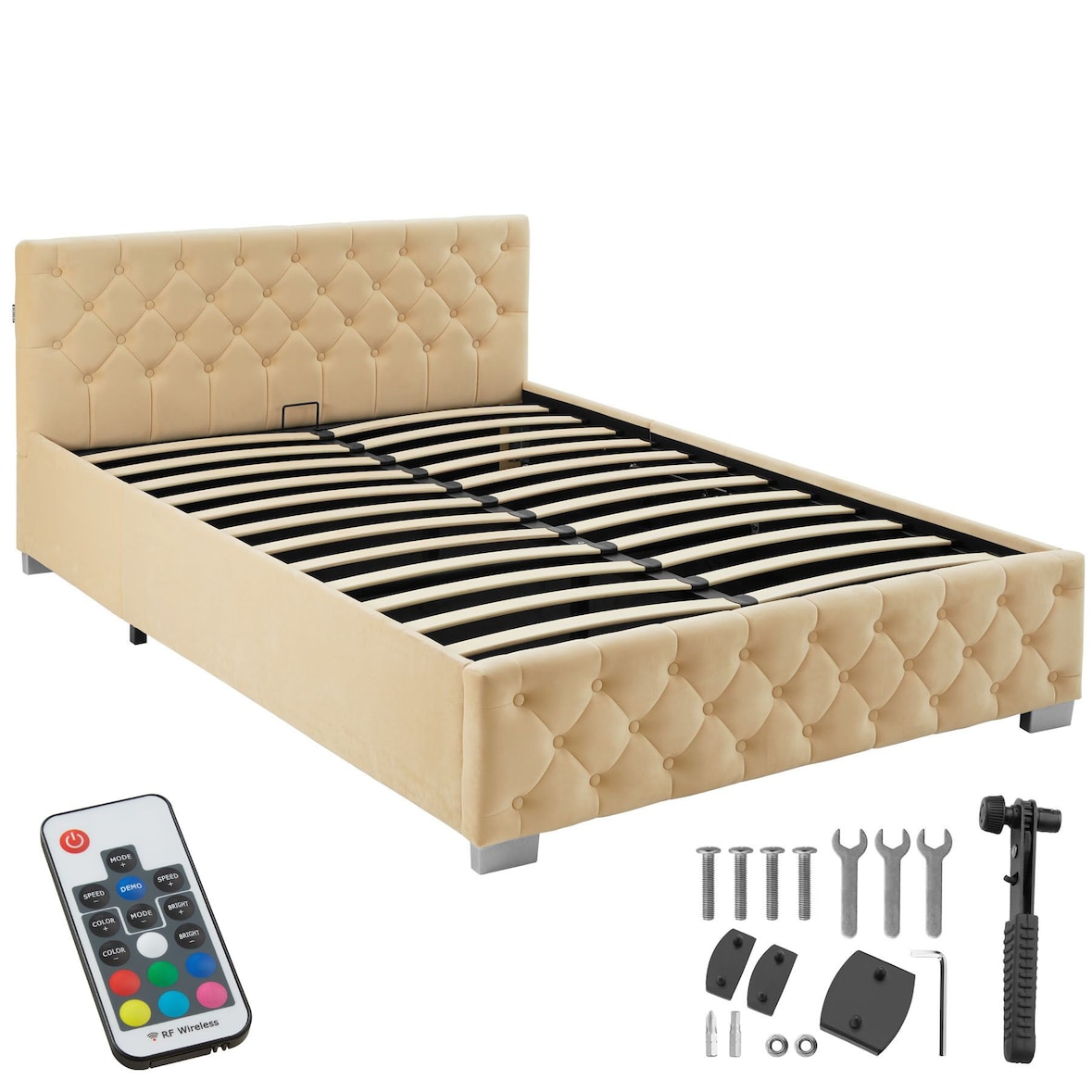 tectake Cama acolchoada com tiras LED e espaço de arrumação 140 x 200 cm bege