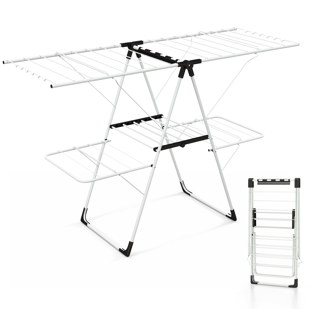 COSTWAY Tendedero plegable, tendedero extensible con 2 niveles, altura ajustable con alas y zapatero.