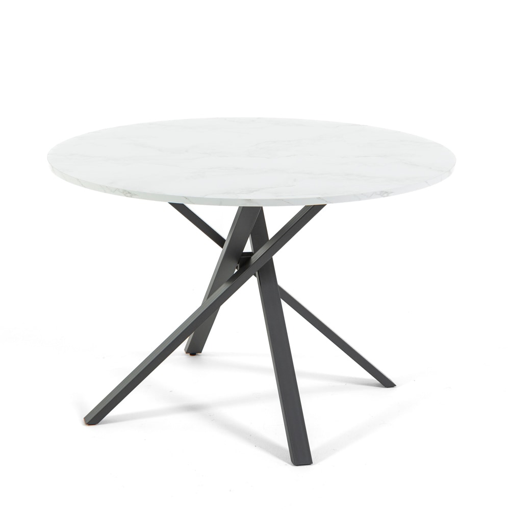 Table ronde ⌀110 cm, pieds croisés en métal, plateau stratifié, table à manger pour 4 personnes, pieds en X, style moderne - Carlo - Marbre