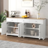 thumbnail of Sideboard Buffetschrank Landhausstil 160x37x75 cm, Weiß + Holzfarbe, mit Schubladen, Türen, verstellbaren Regalen, Küchen- und Wohnzimmerschrank