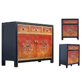 thumbnail of OPIUM OUTLET meubelset "Fire" aziatisch chinees oosters vintage, ladekast kledingkast, 2 nachtkastjes nachtkastjes, oranje-zwart