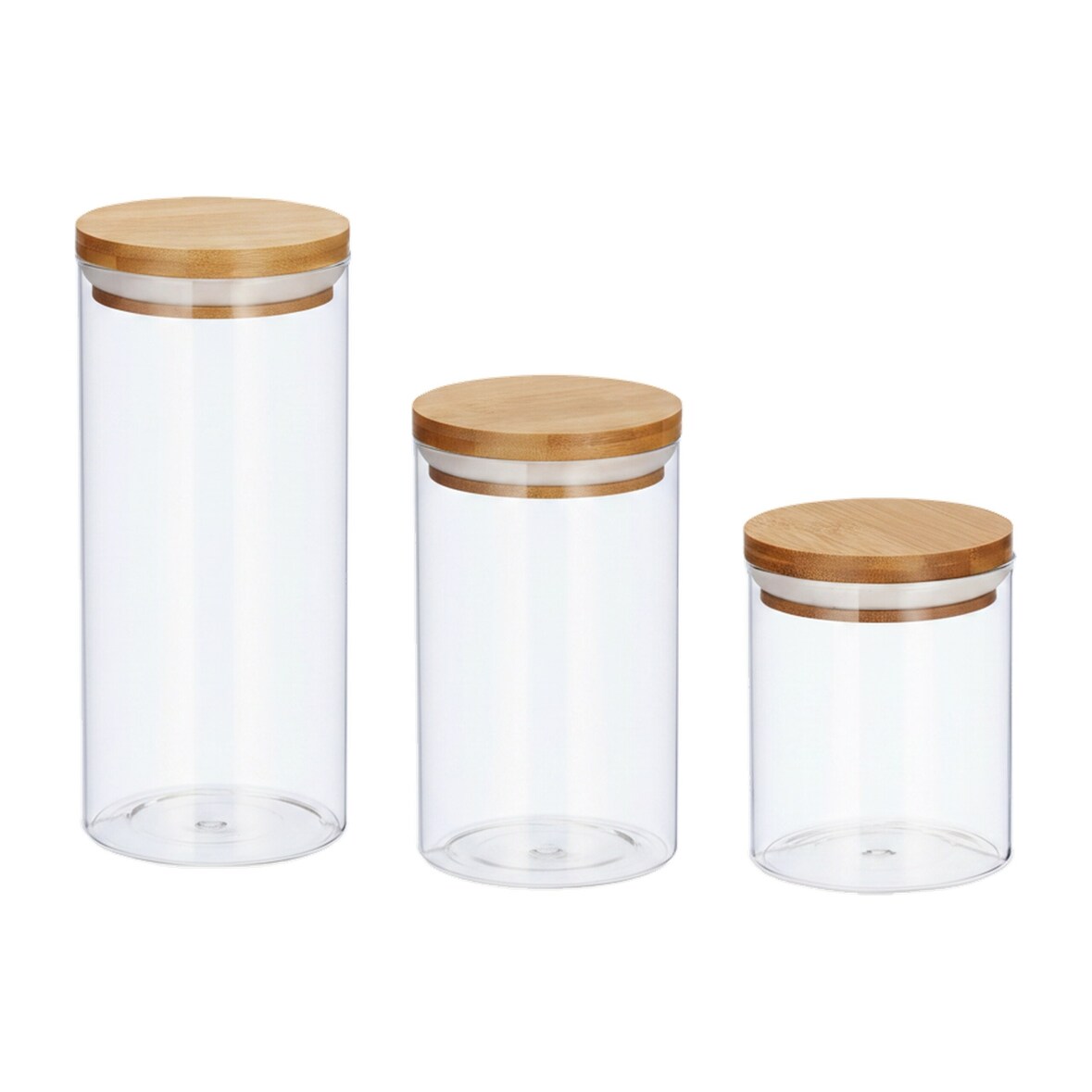 Relaxdays Vorratsdosen Glas, 3er Set, Größen 500, 700, 1000 ml, für Pasta, Reis, Müsli, Kaffee, D 9,5 cm, Bambus, natur
