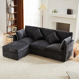 thumbnail of Dreisitzer-Sofa 216x161x81 Grau mit Fußhocker, Chenille Stoff, Komfortkissen, L-förmig erweiterbar, Wohnzimmer Couch