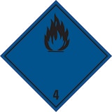 thumbnail of Gefahrzettel, Klasse 4.3 - Stoffe, die in Berührung mit Wasser entzündbare Gase entwickeln (b./sch.) - 100x100 mm Folie selbstklebend