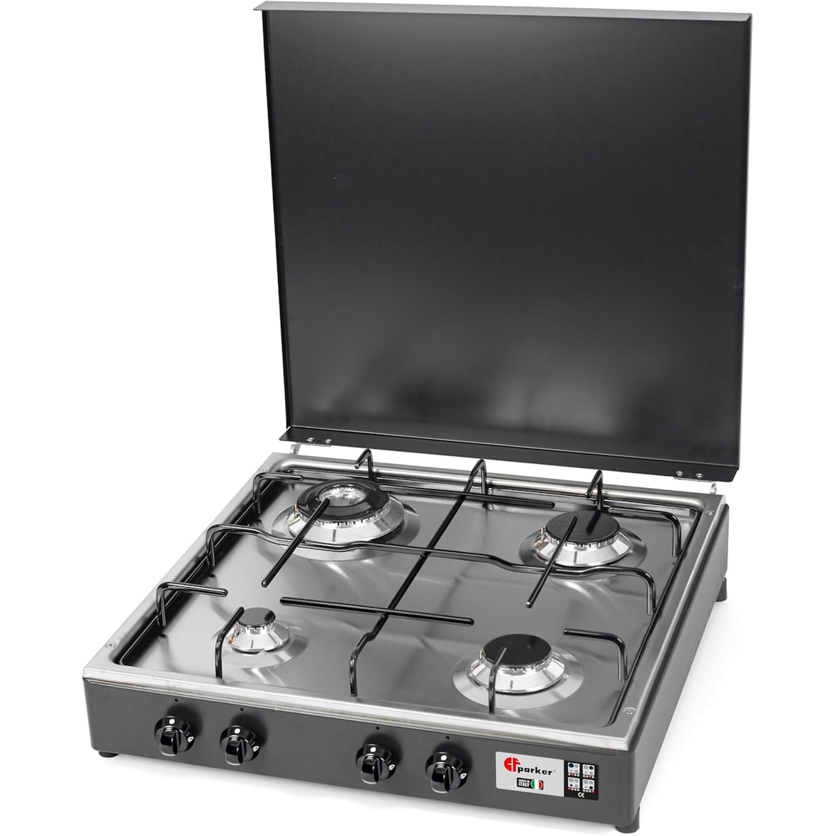 CFParker Fornello 4 fuochi a gas Gpl Valvola di Sicurezza Bruciatore Doppia Corona Grigio Grafite e Piano Acciaio Inox made in italy mod. 542GSPGPS/C