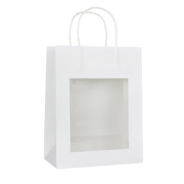 Saco de loja com janela kraft branco com pegas torcidas 22+11×28 cm por 240 - Gimex