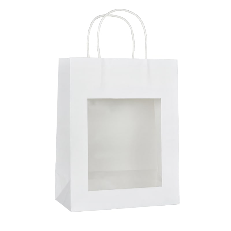 Saco de loja com janela kraft branco com pegas torcidas 22+11×28 cm por 240 - Gimex