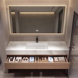 thumbnail of 【YT3256-110K】Waschbecken Holzmaserung Unterschrank aus Keramik Weiß Arbeitsplatte Set Spiegel 110*55cm