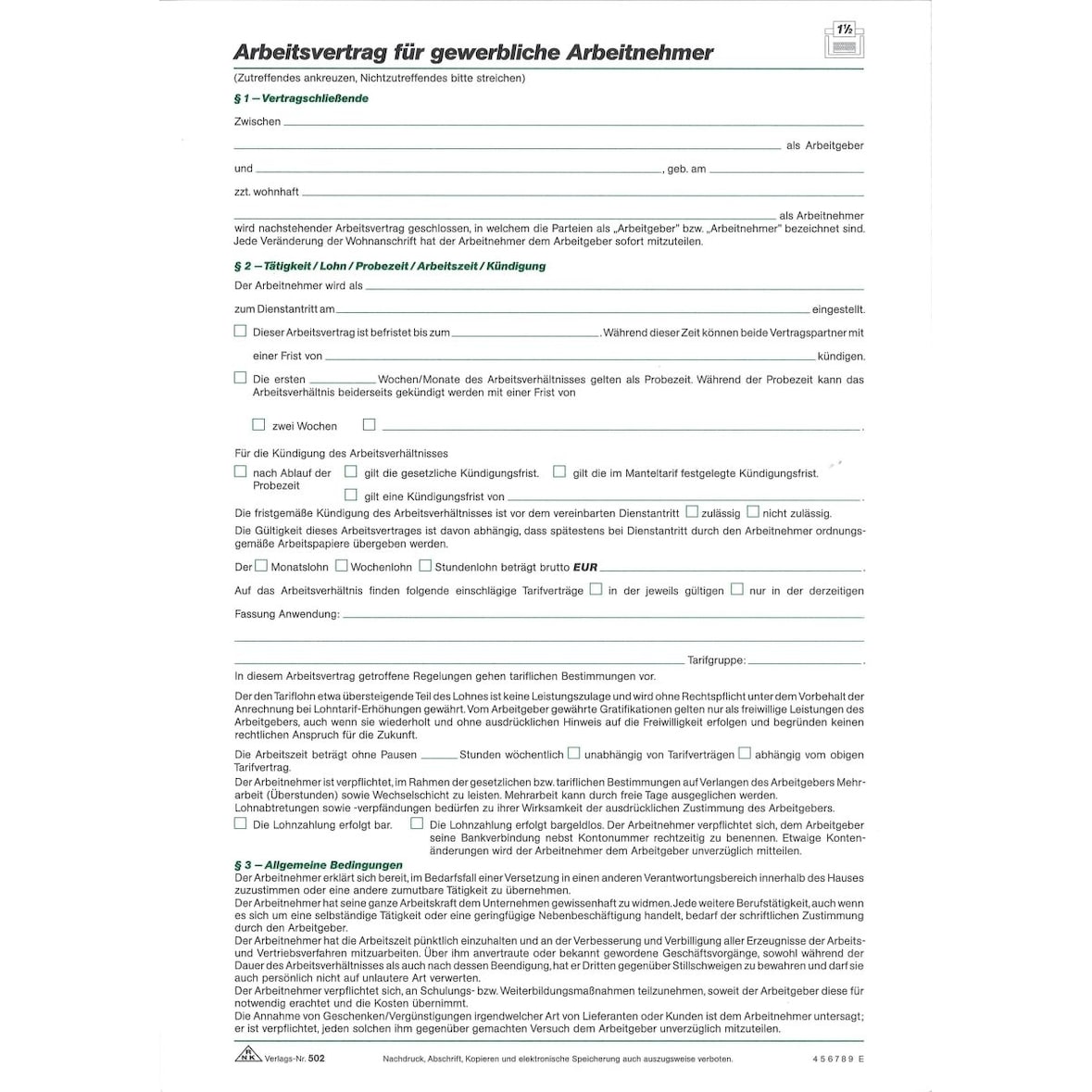 Arbeitsvertrag für gewerbliche Arbeitnehmer A4 VE=10 Stück