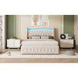 thumbnail of Polsterbett mit LED-Beleuchtung, hydraulischem Stauraum, Samtstoff, robustes Design, 140x200 cm, Beige, elegantes Kopfteil, stabiler Rahmen