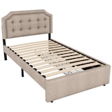 thumbnail of Polsterbett 90x200 mit Stauraum, Einzelbett mit zwei Schubladen, verstellbarer Nachttisch, gepolstertes Bettgestell Beige+Braun