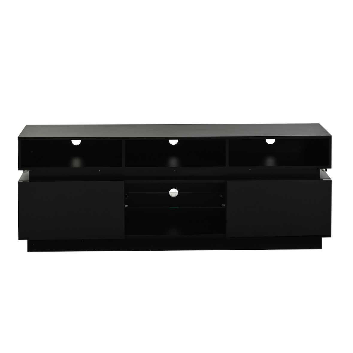 TV-Lowboard aus MDF in Schwarz, 160 x 35 x 60 cm, mit gehärteter Glasplatte, Hochglanzfronten und LED