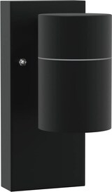 Eine schwarze Wandleuchte mit zylindrischem Lampenschirm.