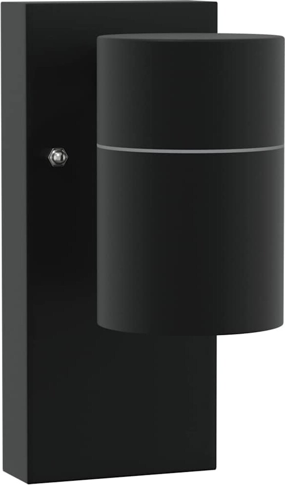 Eine schwarze Wandleuchte mit zylindrischem Lampenschirm.
