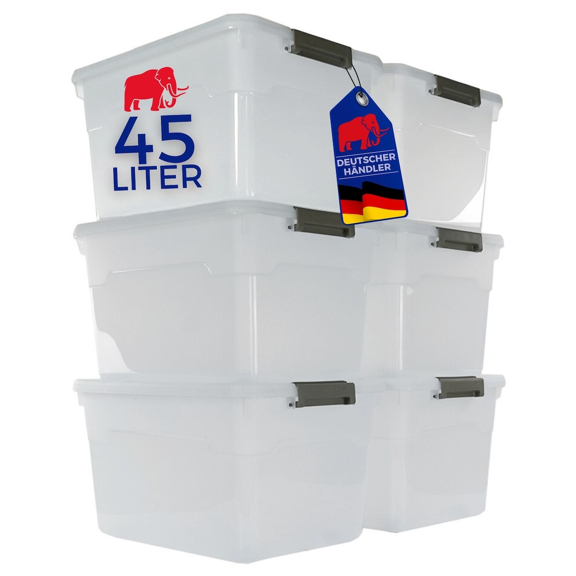 PROREGAL Aufbewahrungsbox mit Deckel 45L 6er Set Groß Rollen transparent stapelbar Kunststoffbox Verschlussclips Stapelbox Aufbewahrungsbehälter