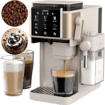 Cafetera espresso con portafiltro CIARRA, molinillo, presión de 15 bares, prensado automático y depósito de leche CBSACM-D6