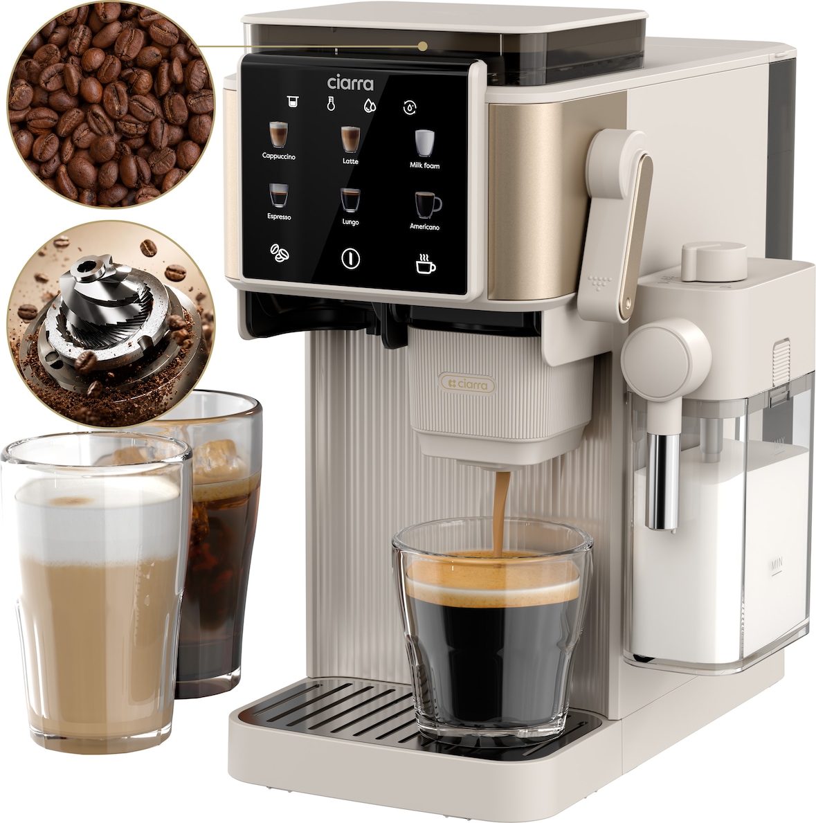 Cafetera espresso con portafiltro CIARRA, molinillo, presión de 15 bares, prensado automático y depósito de leche CBSACM-D6