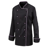 thumbnail of 219 - Damenkochjacke langarm, taillert, Fb. schwarz, mit farbiger Paspel : purple 65% Polyester 35%Baumwolle 220 g/m² S