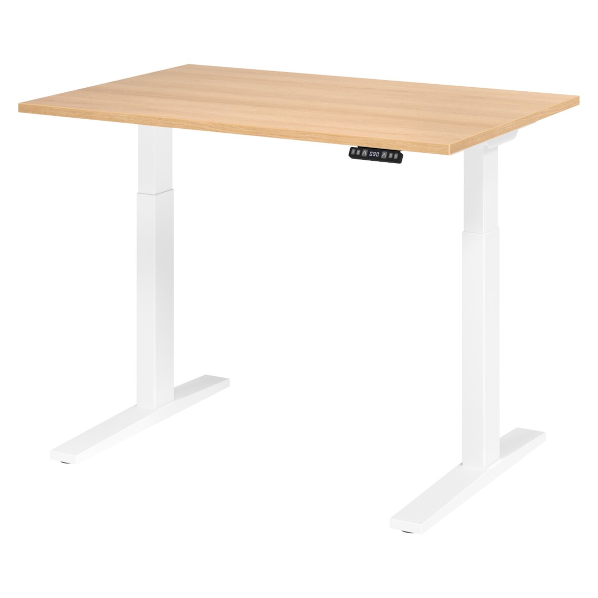 bümö elektrisch höhenverstellbarer Schreibtisch 120x80 cm in Eiche, Gestell weiß - Sitz & Stehschreibtisch mit Memoryfunktion, elektrischer Stehtisch