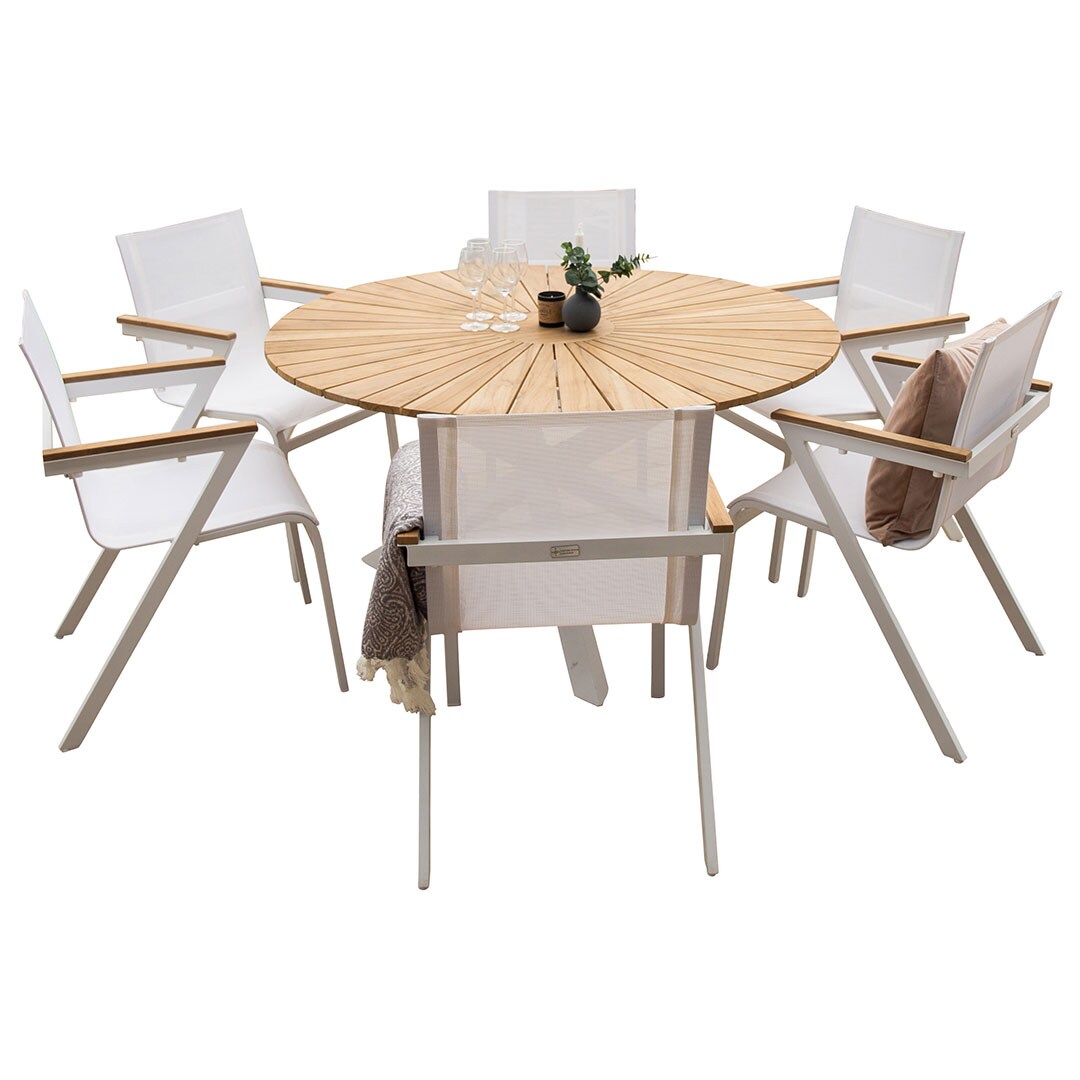 Mexico Gartenset Tisch Ø140cm natur, 6 Stühle weiß.