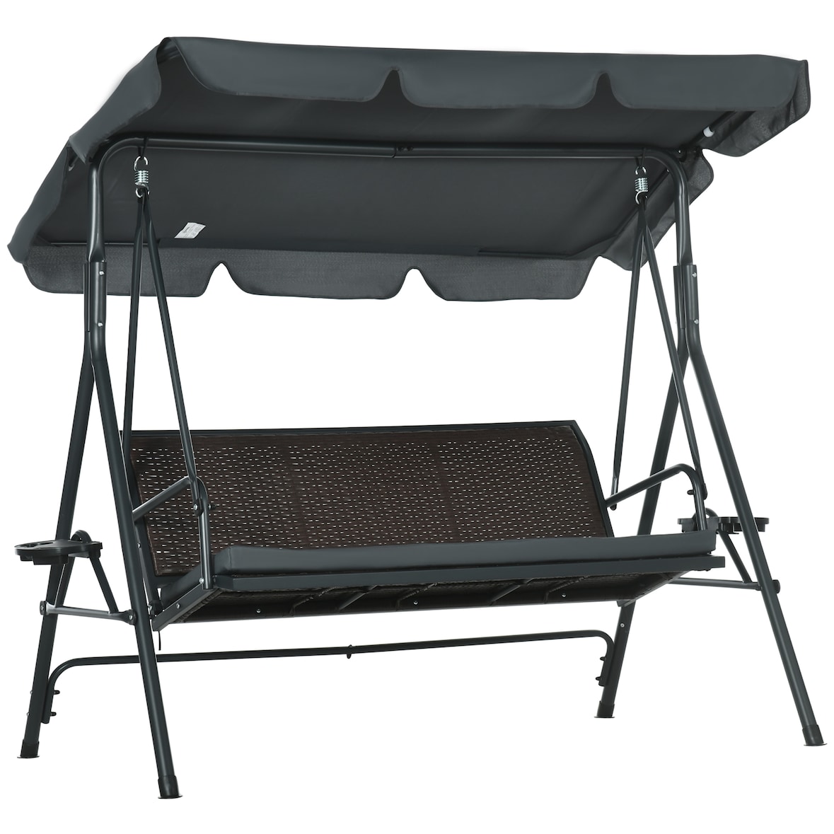 Outsunny Baloiço de Jardim de 3 Lugares com Toldo Ajustável Assento de Vime 2 Suporte para Capos 2 Bandejas 204x112x150 cm Cinza