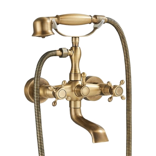 Ajax | Vintage badkraan in messing douche | Douchearmatuur retro look antieke complete set inclusief handdouche mengkraan badthermostaat