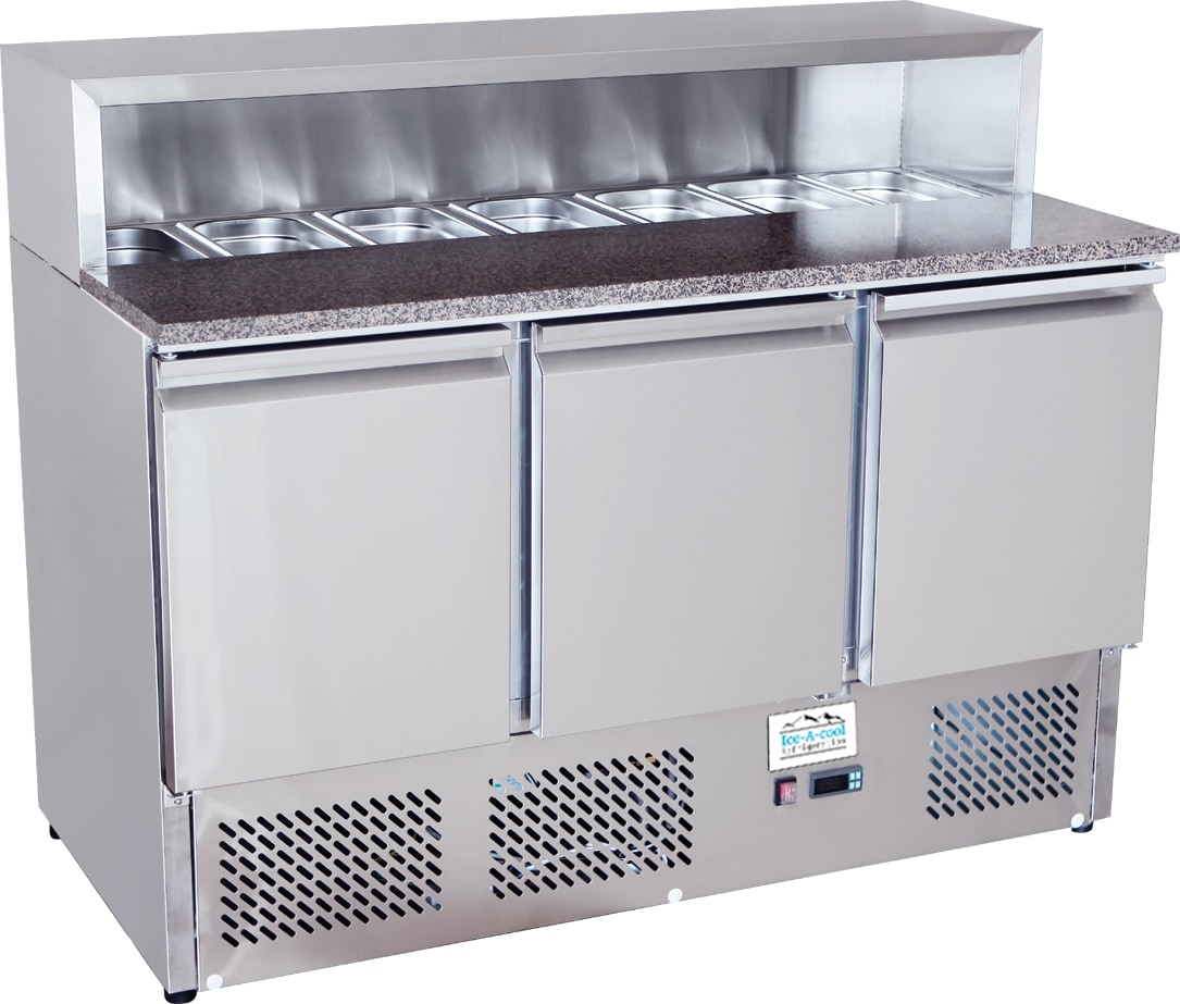 ICE-A-COOL 3 türige Pizza Saladette mit Granitplatte, Kapazität 380 L, automatische Abtaufunktion