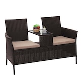 thumbnail of Poly-Rattan Sitzbank mit Tisch HWC-E24, Gartenbank Sitzgruppe Gartensofa, 132cm ~ braun, Kissen creme