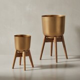 thumbnail of Blumentopf 2er Set Metall / Massivholz Pflanzkübel Gold mit Füßen, Design Pflanzenkübel Rund, Blumenkübel