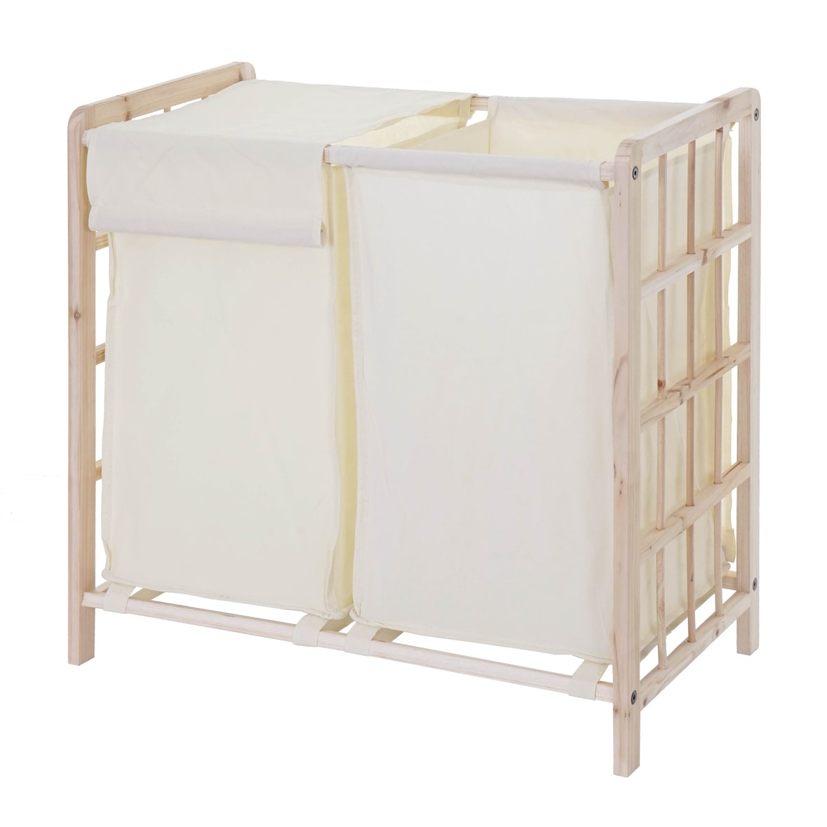 Wäschesammler HWC-B60, Laundry Wäschebox Wäschekorb, Massiv-Holz 2 Fächer 60x60x33cm 68l ~ hellbraun, Bezug creme