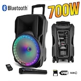 thumbnail of Enceinte KARAOKE 700W sono DJ PARTY Batterie 12" à LED RGB USB/MICRO SD/Bluetooth / RADIO FM/PC + Micro VHF + OVNI Ufo, PIED