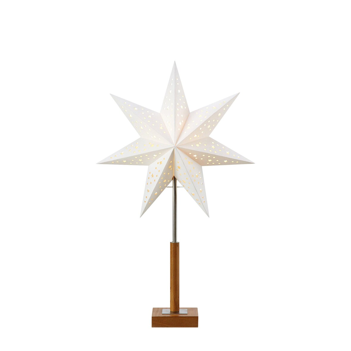 Markslöjd-SOLVALLA MINI Standstern weiss, 7 Zacken mit Holzfuß 10x10x2,5cm, Höhe 55 cm, ø 35 Zuleitung mit EIN/ AUS- Schalter, E14, 230V,MPN706041