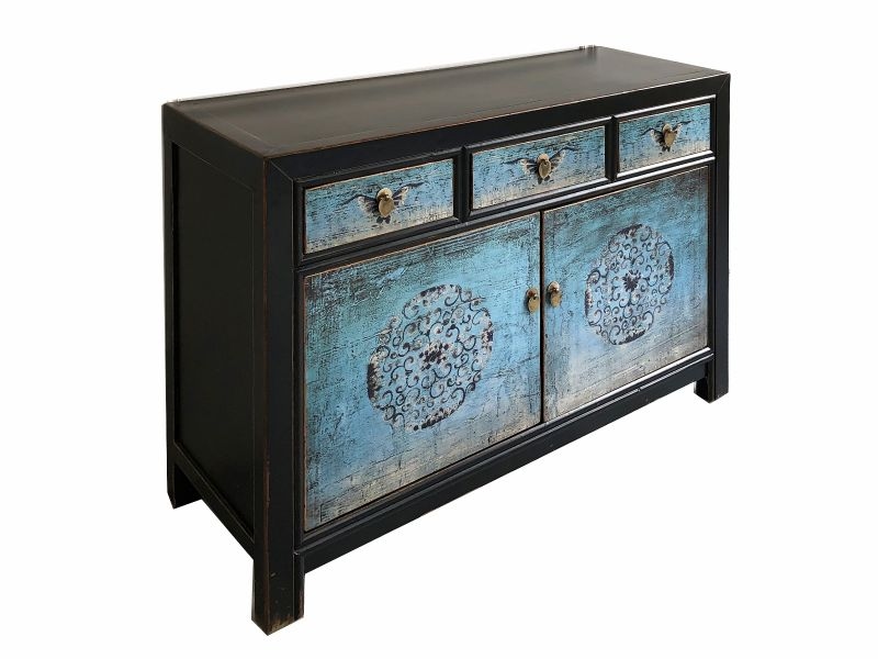 OPIUM OUTLET Möbel Kommode Schrank Sideboard Hochzeitsschrank 33082-8 schwarz-türkis asiatisch chinesisch orientalisch Holz