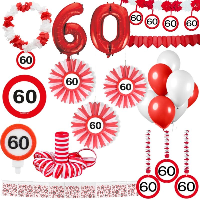 60. Geburtstag Verkehrsschild Partyset Party Dekoration Geburtstag Jubiläum weiss rot Zahl