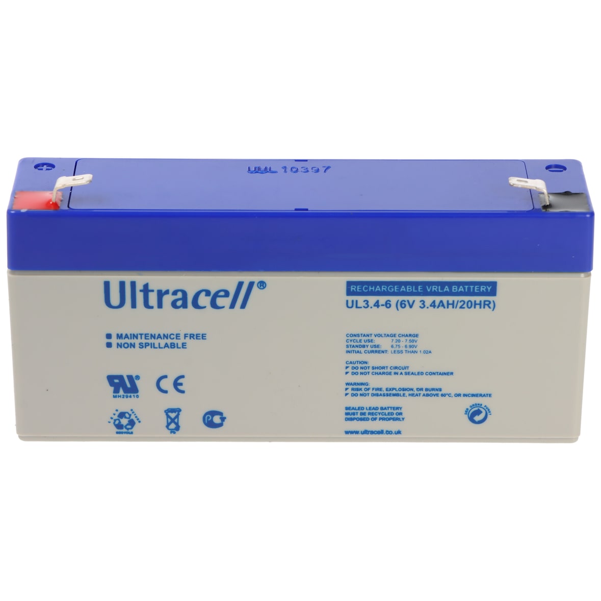 Ultracell UL 3.4-6 Blei Akku mit Faston 4,8mm Kontakten, Abmessungen 134x34x62mm