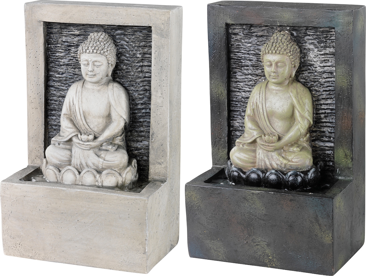 1 Zimmerbrunnen Buddha 23cm Kunststein Wasserbrunnen für Zimmer Indoor Brunnen Wasserwand Tischbrunnen Tischdeko Bürodeko Wasser Feng Shui Deko Grau