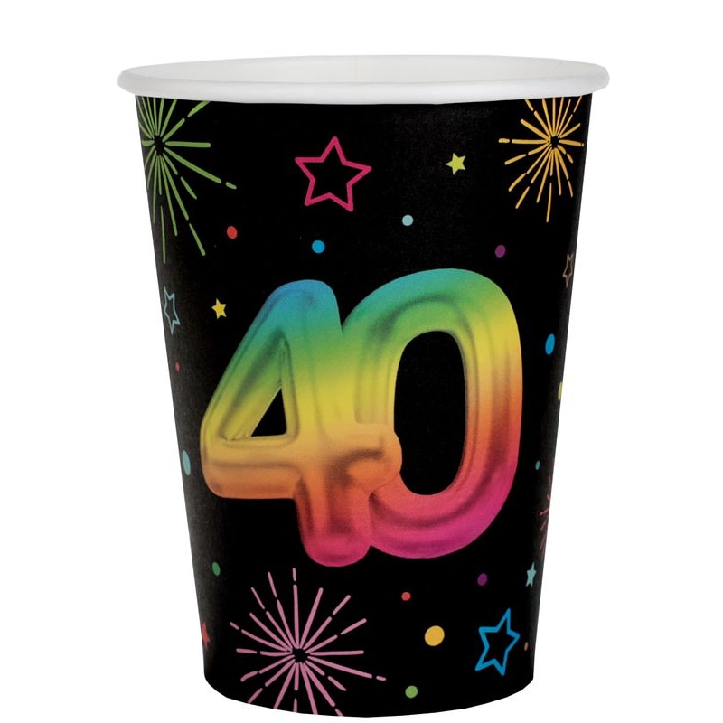 6 Becher 40. Geburtstag bunt Pappbecher