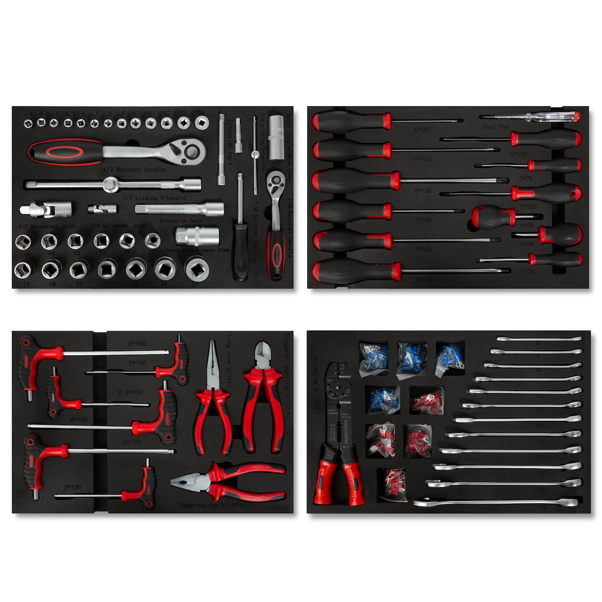 Juego de herramientas EBERTH 81 pzs para carro, inserciones de espuma, metal duro, ergonómico, 4 cajones, taller, rojo