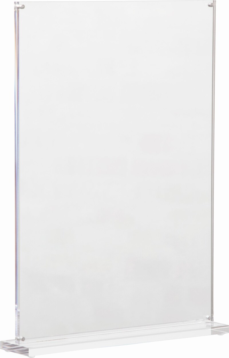 Ein klarer Acryl-Tischaufsteller.
