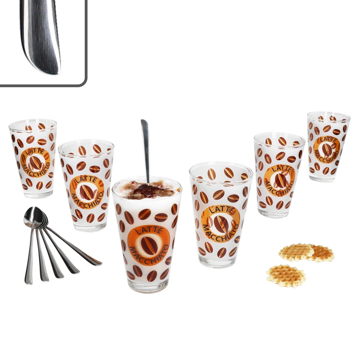 12tlg Latte Macchiato Set - 6x CREMONA Gläser orange + 6x TWIST Latte Macchiato Löffel - 0806137 & 747-480