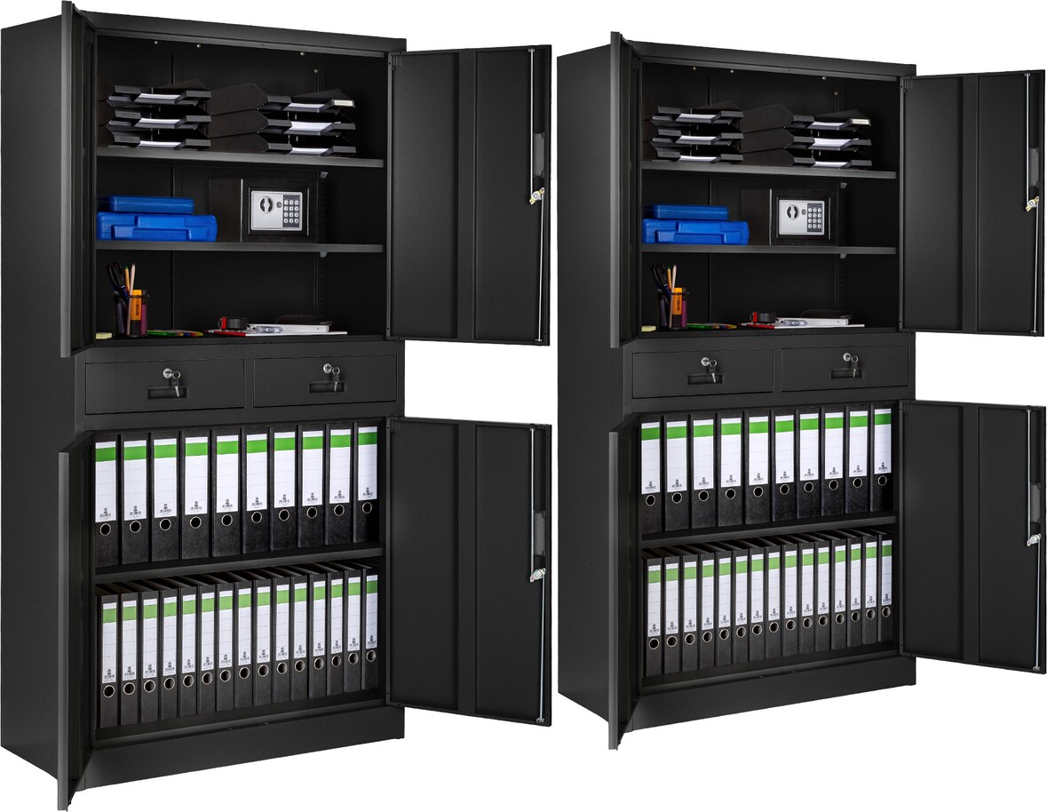 tectake 2 armarios archivadores con cierre de seguridad, 5 alturas + 2 cajones 180x90x40cm  Negro