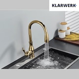 thumbnail of NAVIS | Elegante grifo de cocina extraíble en acero inoxidable dorado, arco alto, mezclador de lujo, alta presión, 360°, 2 conexiones