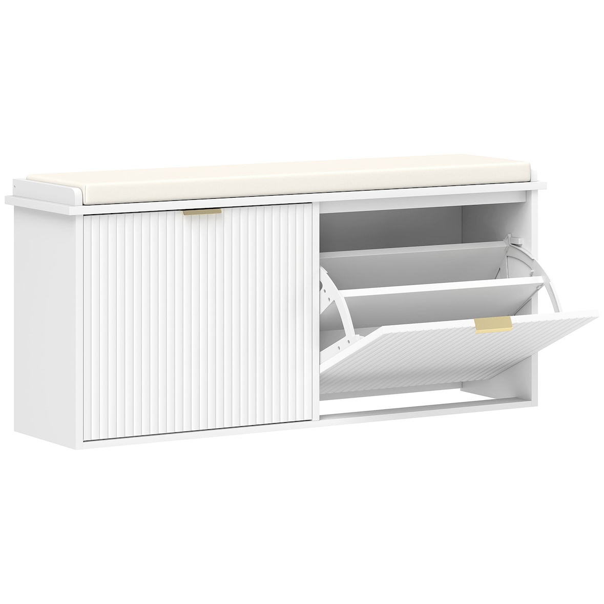 HOMCOM banco zapatero mueble zapatero banco recibidor con asiento acolchado 2 cajones abatibles y panel de tablillas 104x26x47,5 cm blanco